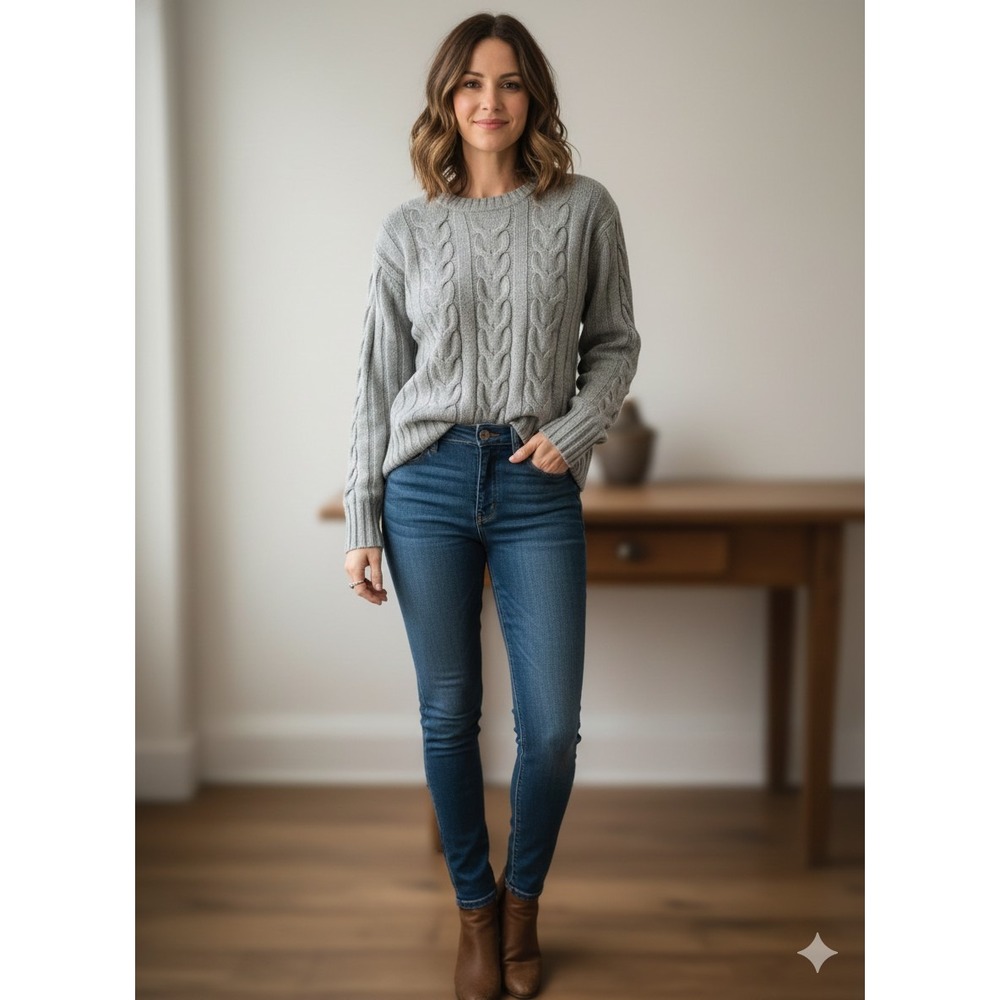 BANANA REPUBLIC Women's L Gray Cable Knit Pullover Sweater Rayon Blend Cropped